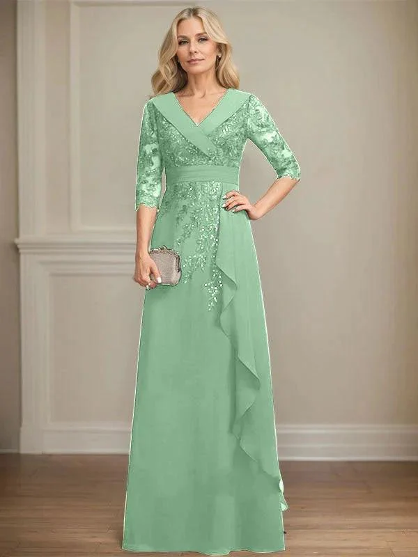 A-line Collared V-Neck Floor-Length Lace Chiffon Mother of the Bride Dress With Sequins Cascading Ruffles - Image 43