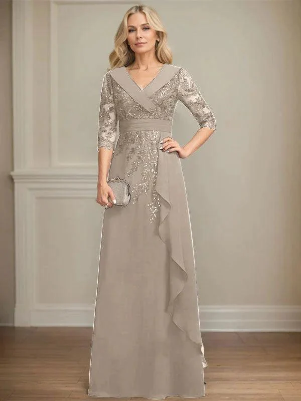 A-line Collared V-Neck Floor-Length Lace Chiffon Mother of the Bride Dress With Sequins Cascading Ruffles - Image 44