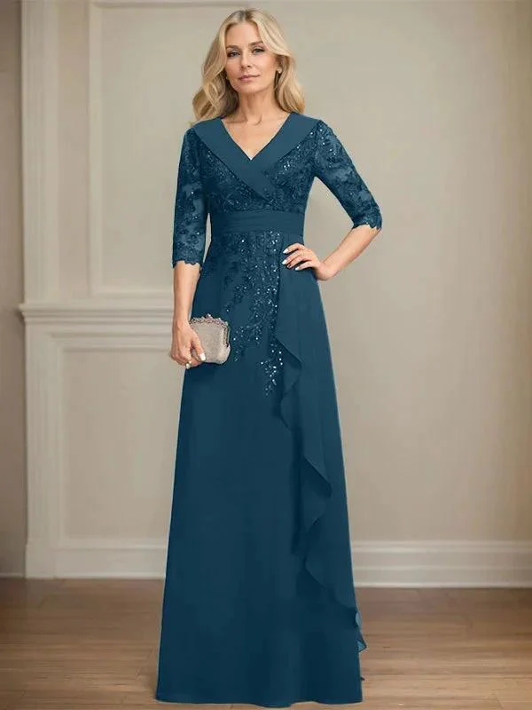 A-line Collared V-Neck Floor-Length Lace Chiffon Mother of the Bride Dress With Sequins Cascading Ruffles - Image 45