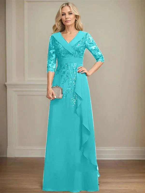 A-line Collared V-Neck Floor-Length Lace Chiffon Mother of the Bride Dress With Sequins Cascading Ruffles - Image 46