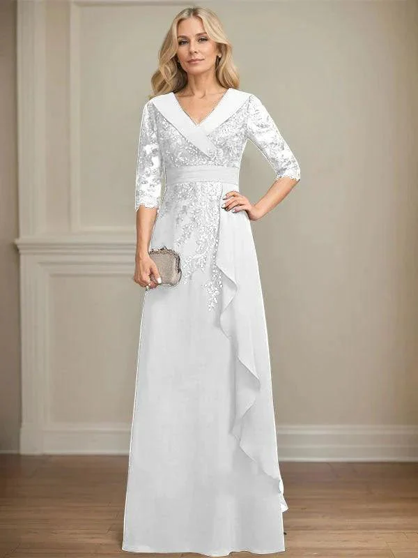 A-line Collared V-Neck Floor-Length Lace Chiffon Mother of the Bride Dress With Sequins Cascading Ruffles - Image 47