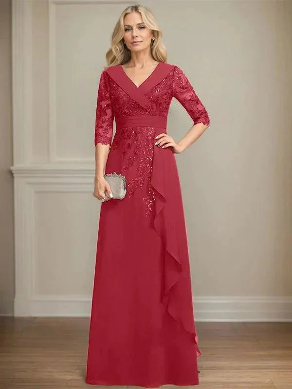 A-line Collared V-Neck Floor-Length Lace Chiffon Mother of the Bride Dress With Sequins Cascading Ruffles - Image 48