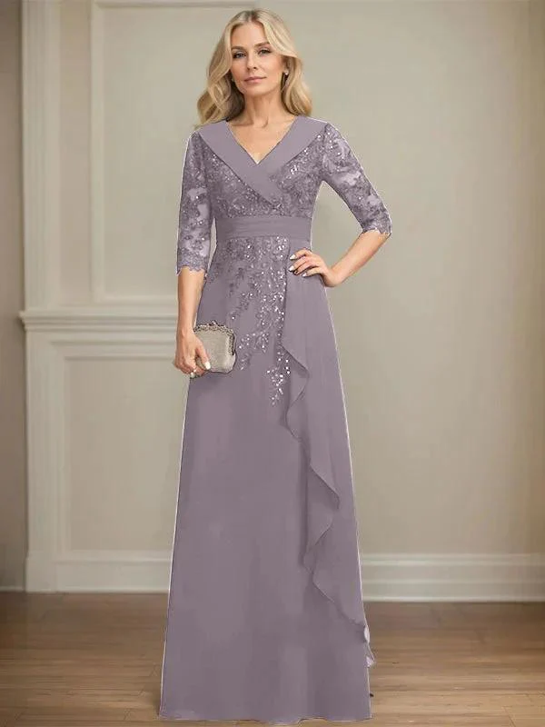 A-line Collared V-Neck Floor-Length Lace Chiffon Mother of the Bride Dress With Sequins Cascading Ruffles - Image 49