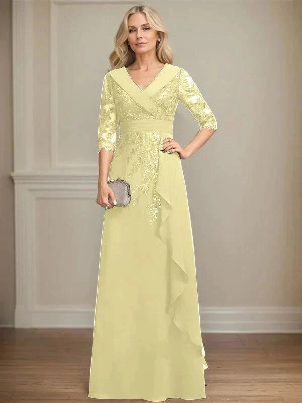 A-line Collared V-Neck Floor-Length Lace Chiffon Mother of the Bride Dress With Sequins Cascading Ruffles - Image 50