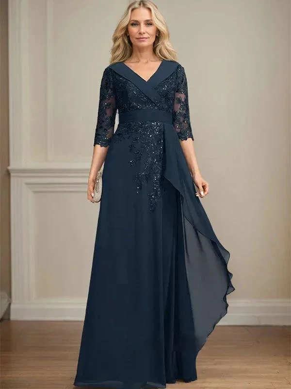 A-line Collared V-Neck Floor-Length Lace Chiffon Mother of the Bride Dress With Sequins Cascading Ruffles - Image 7