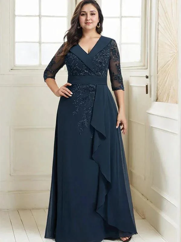 A-line Collared V-Neck Floor-Length Lace Chiffon Mother of the Bride Dress With Sequins Cascading Ruffles - Image 8