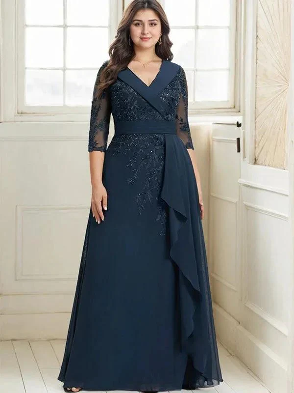 A-line Collared V-Neck Floor-Length Lace Chiffon Mother of the Bride Dress With Sequins Cascading Ruffles - Image 9