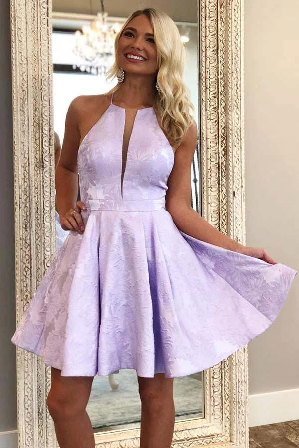 A-Line Crew Above-Knee Lilac Satin Homecoming Dress with Pockets  PD271 - Image 2