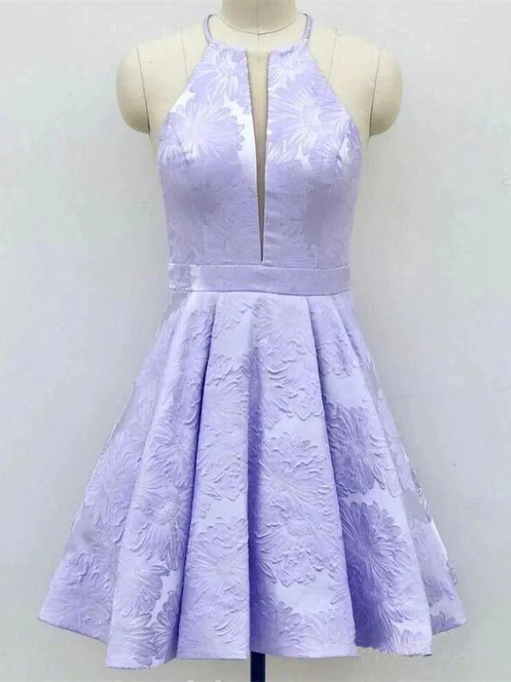A-Line Crew Above-Knee Lilac Satin Homecoming Dress with Pockets  PD271 - Image 3