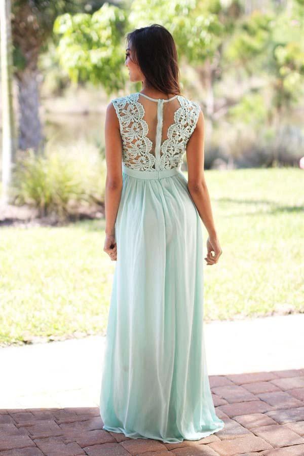 A-Line Crew Floor-Length Mint Chiffon Bridesmaid Dress with Lace BD039 - Image 2