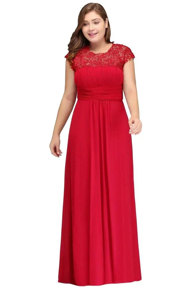 A-Line Crew Floor length Plus size Cap sleeves Lace Chiffon Evening Dresses with Appliques - Image 2