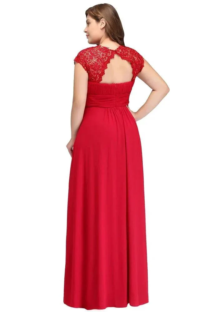 A-Line Crew Floor length Plus size Cap sleeves Lace Chiffon Evening Dresses with Appliques - Image 3