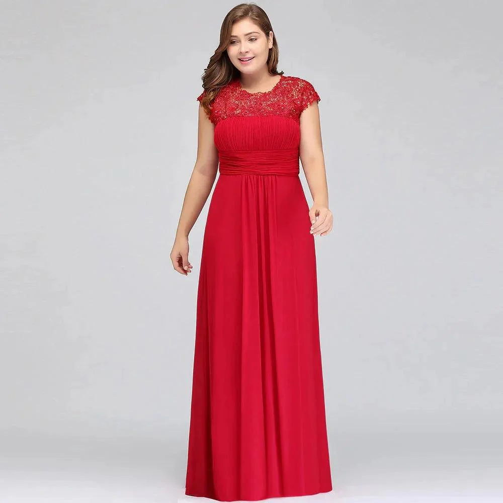 A-Line Crew Floor length Plus size Cap sleeves Lace Chiffon Evening Dresses with Appliques - Image 4