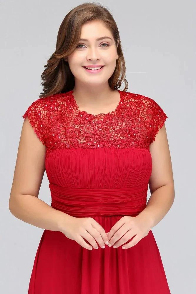 A-Line Crew Floor length Plus size Cap sleeves Lace Chiffon Evening Dresses with Appliques - Image 7