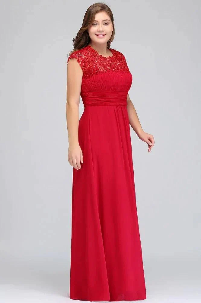 A-Line Crew Floor length Plus size Cap sleeves Lace Chiffon Evening Dresses with Appliques - Image 8