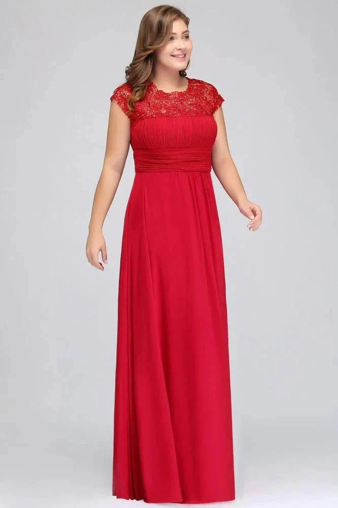 A-Line Crew Floor length Plus size Cap sleeves Lace Chiffon Evening Dresses with Appliques - Image 9