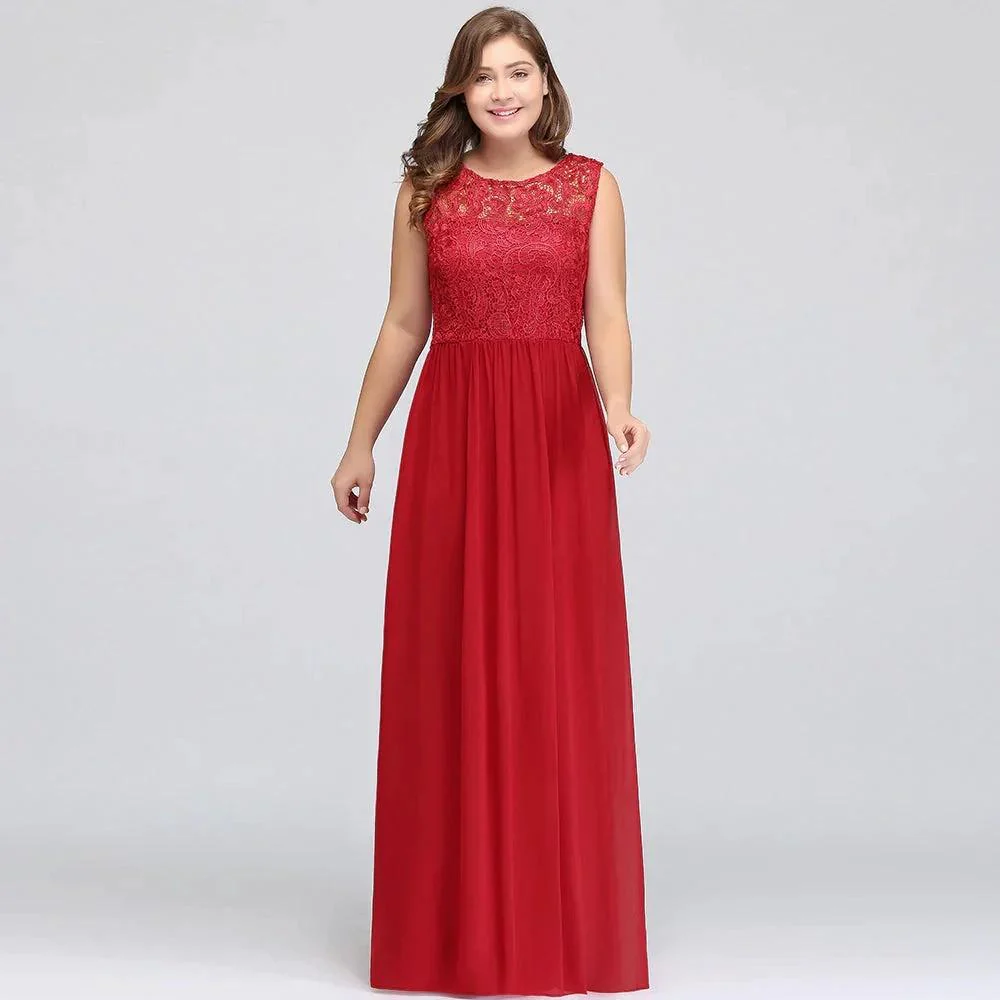 A-Line Crew Floor Length Sleeveless Plus size Lace Chiffon Evening Dresses - Image 9
