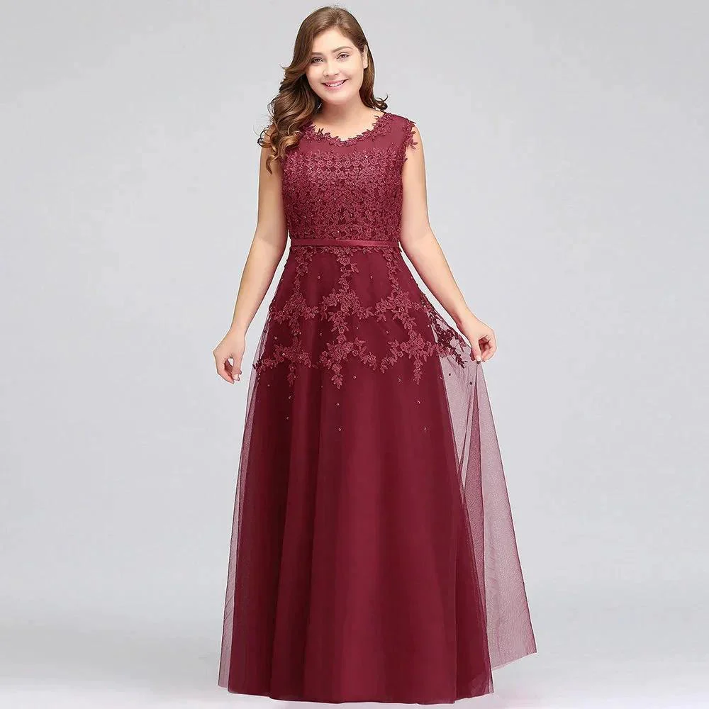 A-Line Crew Floor Length Sleeveless Plus size Tulle Appliqued Evening Dresses with Crystals - Image 10