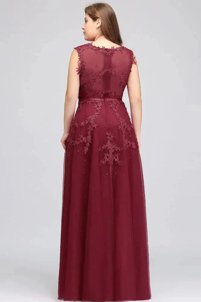 A-Line Crew Floor Length Sleeveless Plus size Tulle Appliqued Evening Dresses with Crystals - Image 2