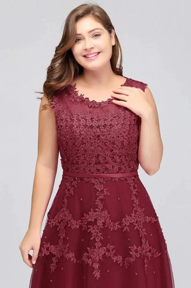 A-Line Crew Floor Length Sleeveless Plus size Tulle Appliqued Evening Dresses with Crystals - Image 3