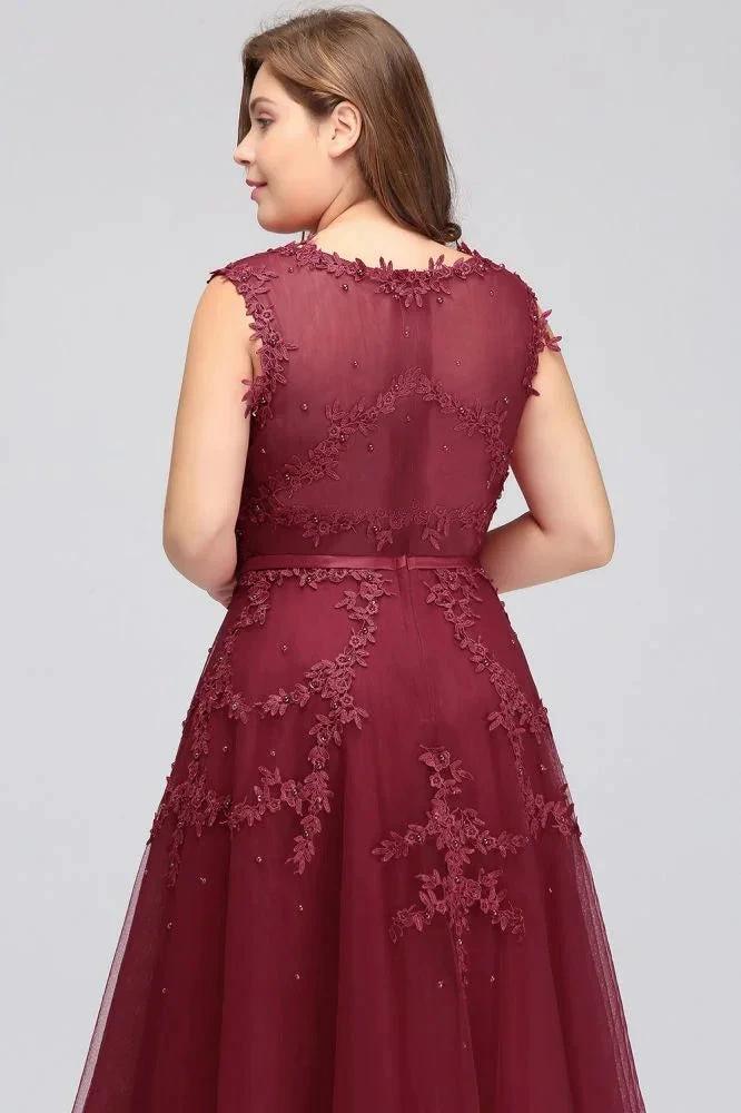 A-Line Crew Floor Length Sleeveless Plus size Tulle Appliqued Evening Dresses with Crystals - Image 4
