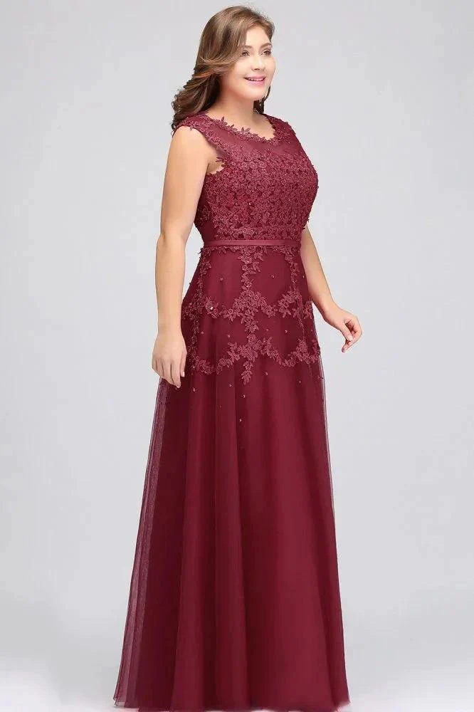 A-Line Crew Floor Length Sleeveless Plus size Tulle Appliqued Evening Dresses with Crystals - Image 8