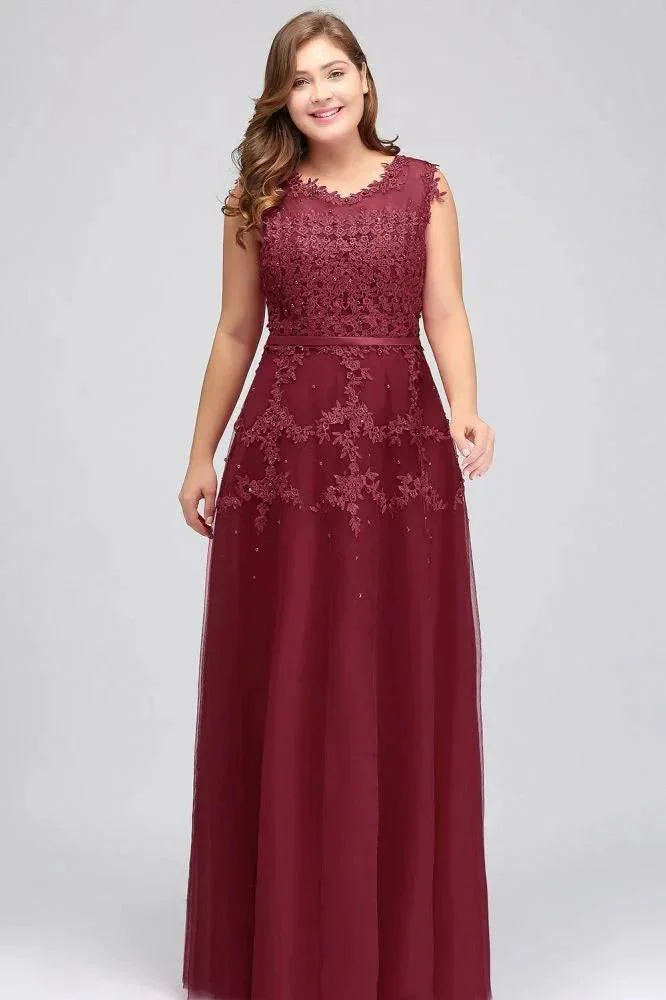 A-Line Crew Floor Length Sleeveless Plus size Tulle Appliqued Evening Dresses with Crystals - Image 9