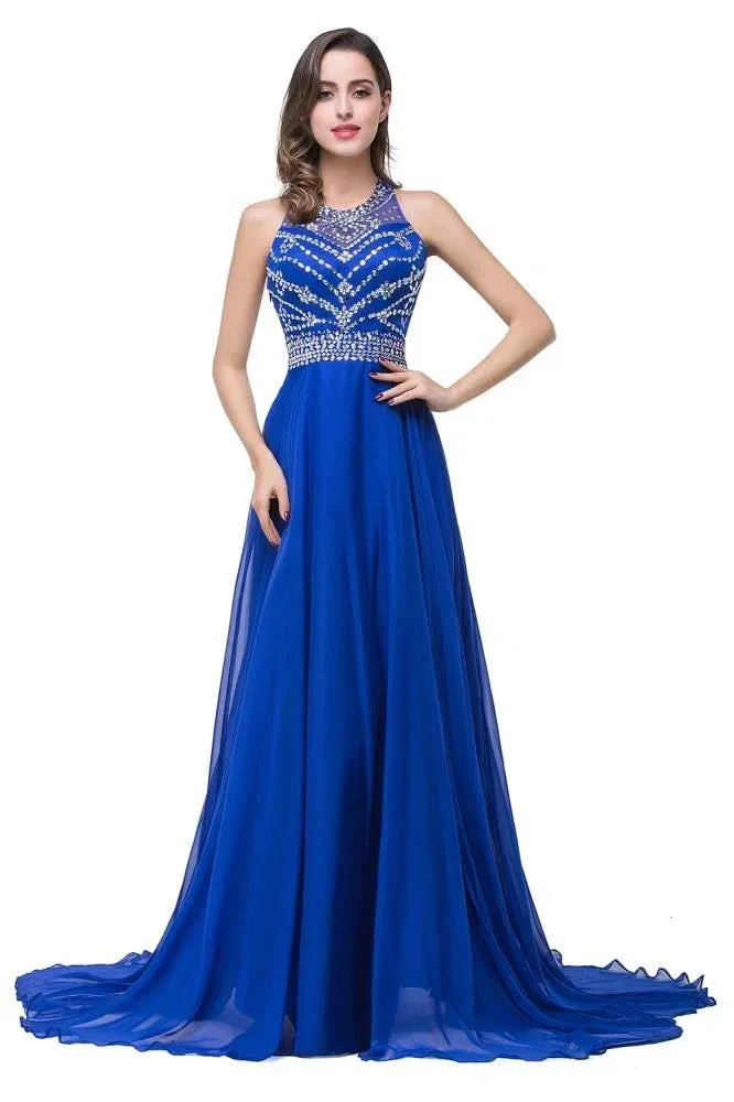 A-line Crew Floor-length Sleeveless Tulle Prom Dresses with Crystal Beads - Image 2