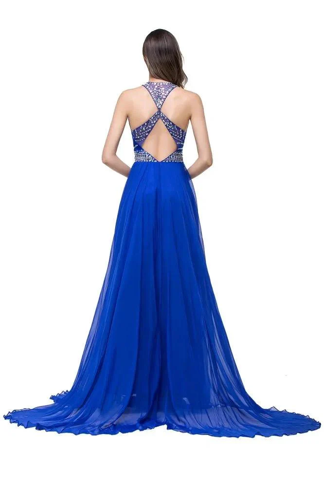 A-line Crew Floor-length Sleeveless Tulle Prom Dresses with Crystal Beads - Image 3