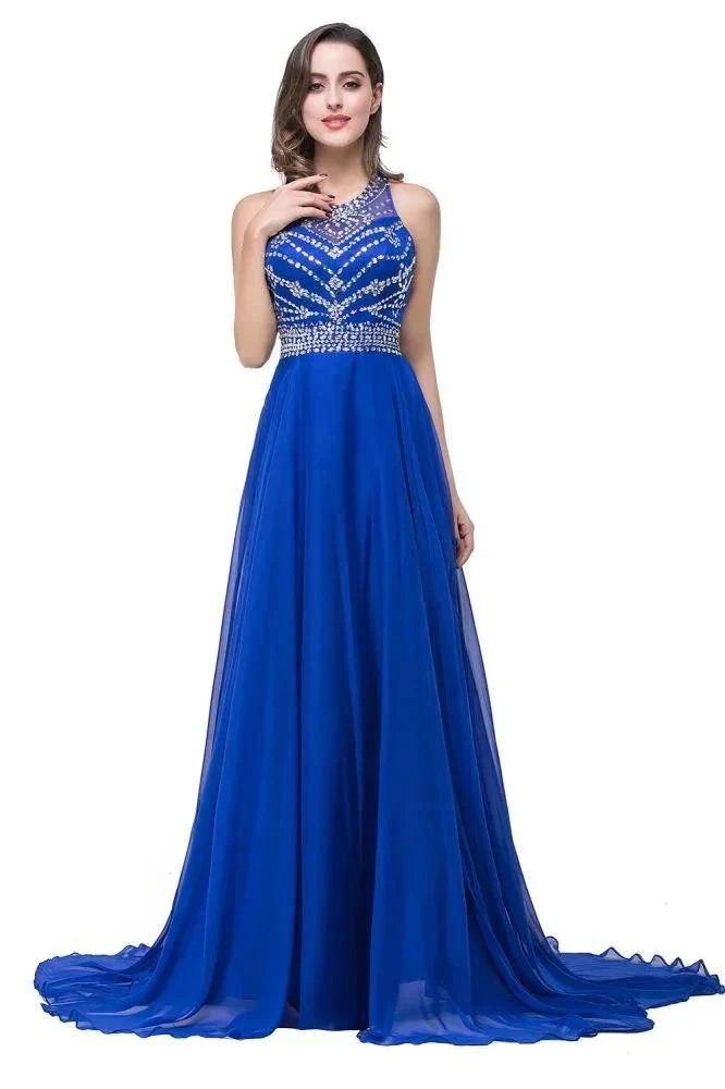 A-line Crew Floor-length Sleeveless Tulle Prom Dresses with Crystal Beads - Image 4