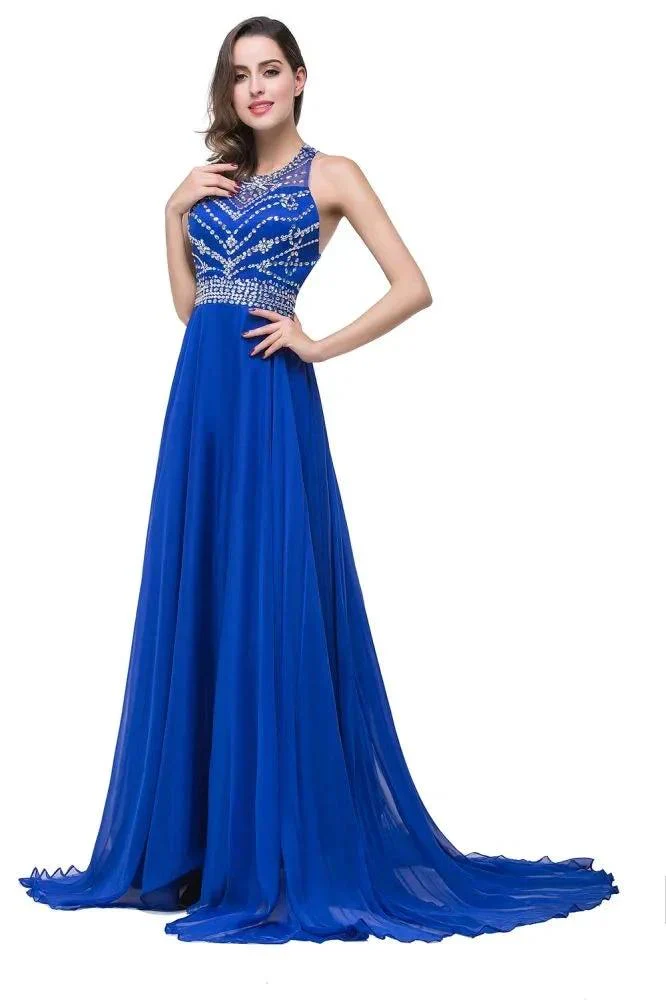 A-line Crew Floor-length Sleeveless Tulle Prom Dresses with Crystal Beads - Image 5