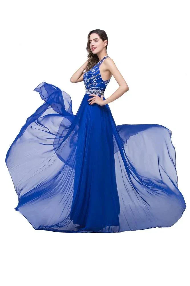 A-line Crew Floor-length Sleeveless Tulle Prom Dresses with Crystal Beads - Image 6