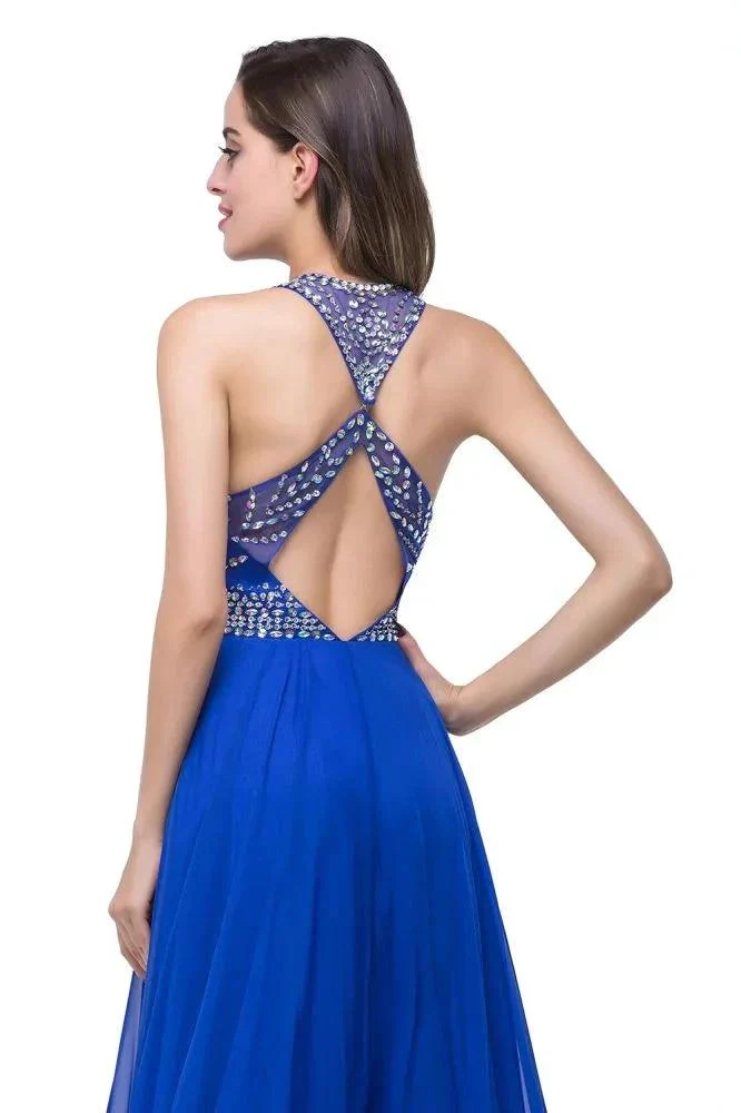 A-line Crew Floor-length Sleeveless Tulle Prom Dresses with Crystal Beads - Image 7