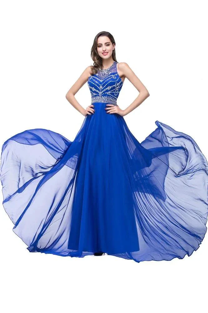 A-line Crew Floor-length Sleeveless Tulle Prom Dresses with Crystal Beads - Image 8