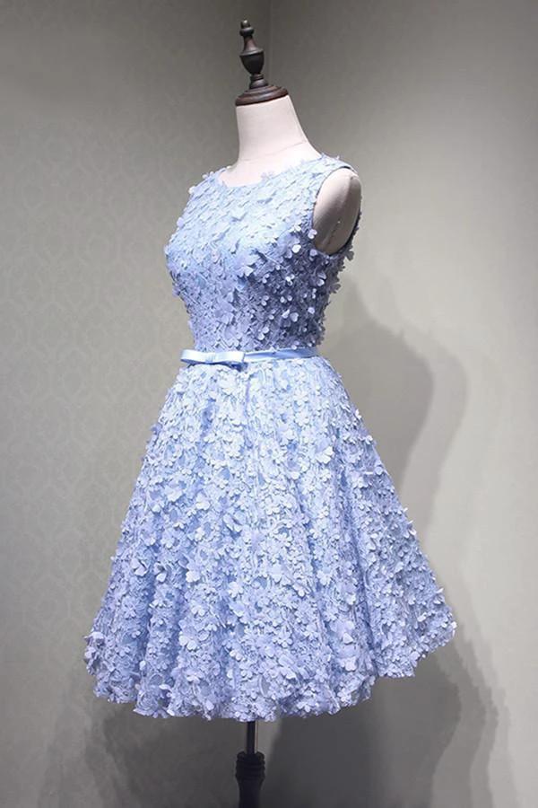 Crew Knee-Length Open Back Appliques Blue Lace Homecoming Dress  PG114 - Image 2