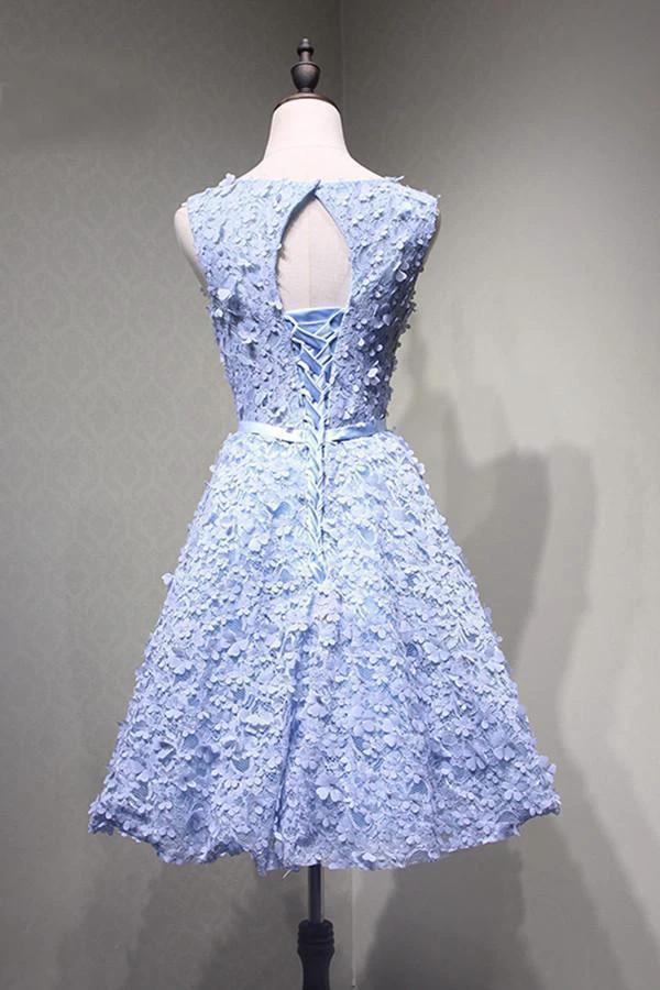 Crew Knee-Length Open Back Appliques Blue Lace Homecoming Dress  PG114 - Image 3