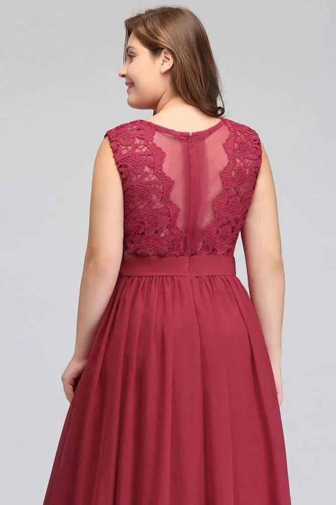 A-Line Crew Long Plus size Sleeveless Lace Chiffon Evening Dresses with Sash - Image 10