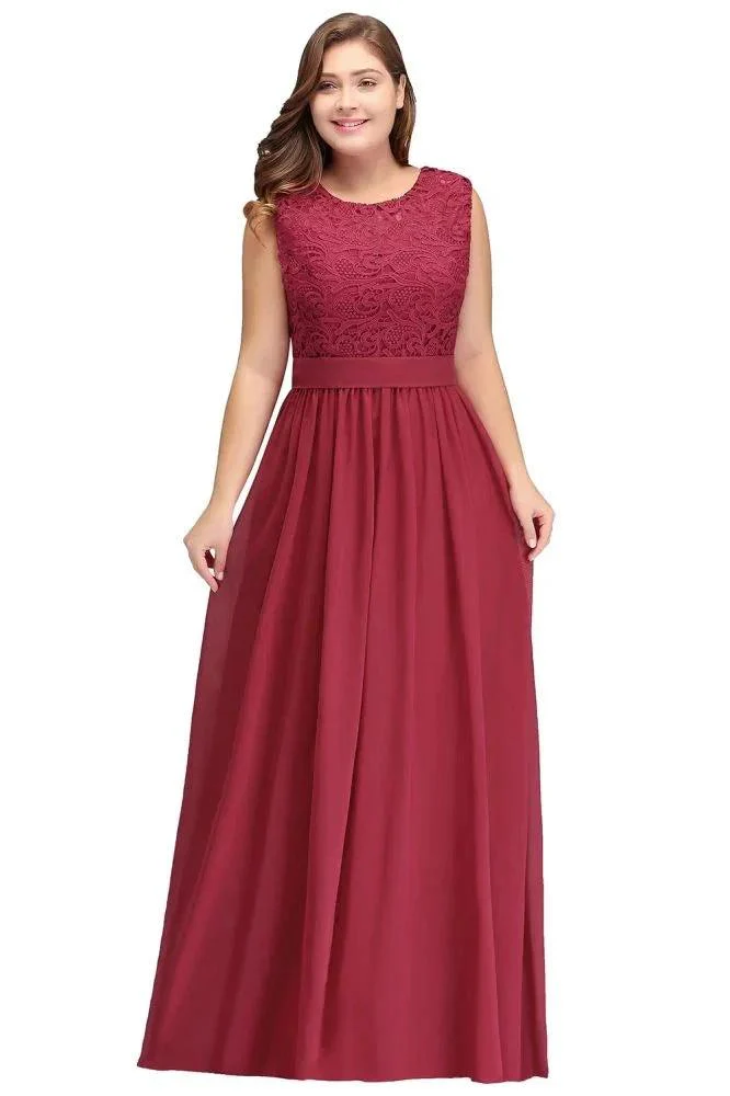 A-Line Crew Long Plus size Sleeveless Lace Chiffon Evening Dresses with Sash - Image 2