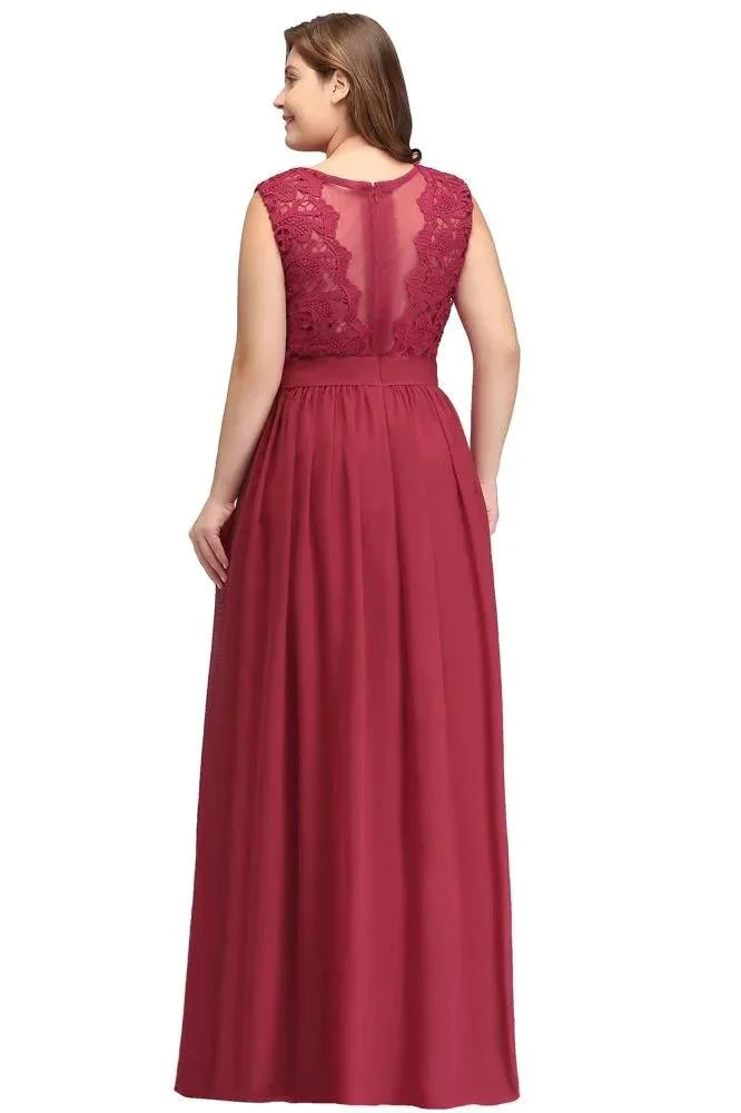 A-Line Crew Long Plus size Sleeveless Lace Chiffon Evening Dresses with Sash - Image 3