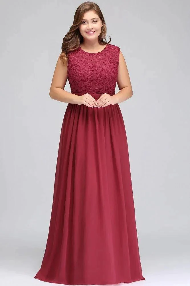 A-Line Crew Long Plus size Sleeveless Lace Chiffon Evening Dresses with Sash - Image 4