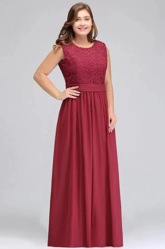 A-Line Crew Long Plus size Sleeveless Lace Chiffon Evening Dresses with Sash - Image 5