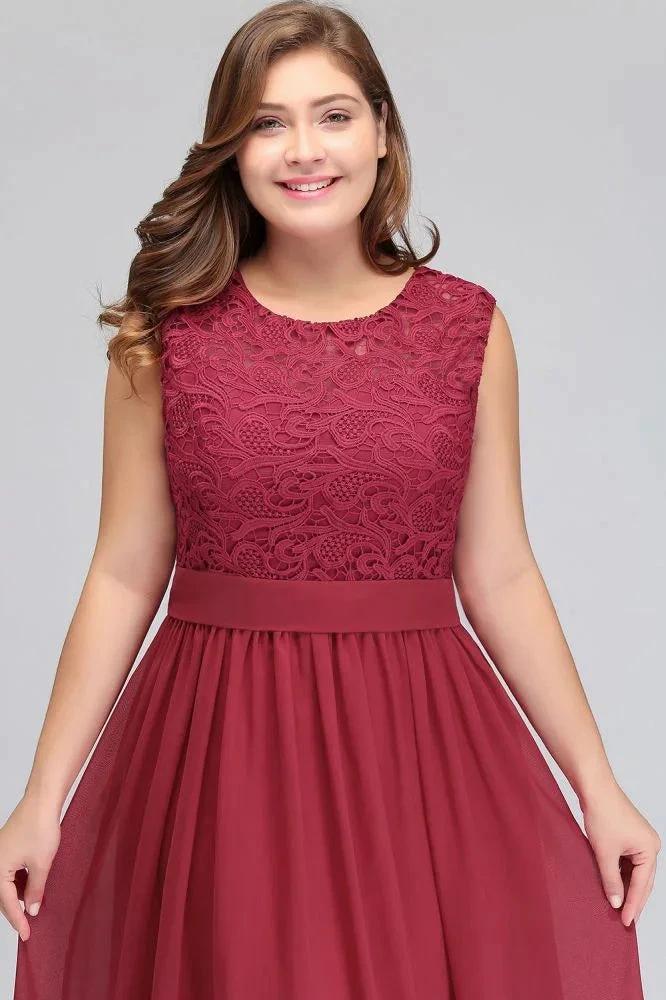A-Line Crew Long Plus size Sleeveless Lace Chiffon Evening Dresses with Sash - Image 6
