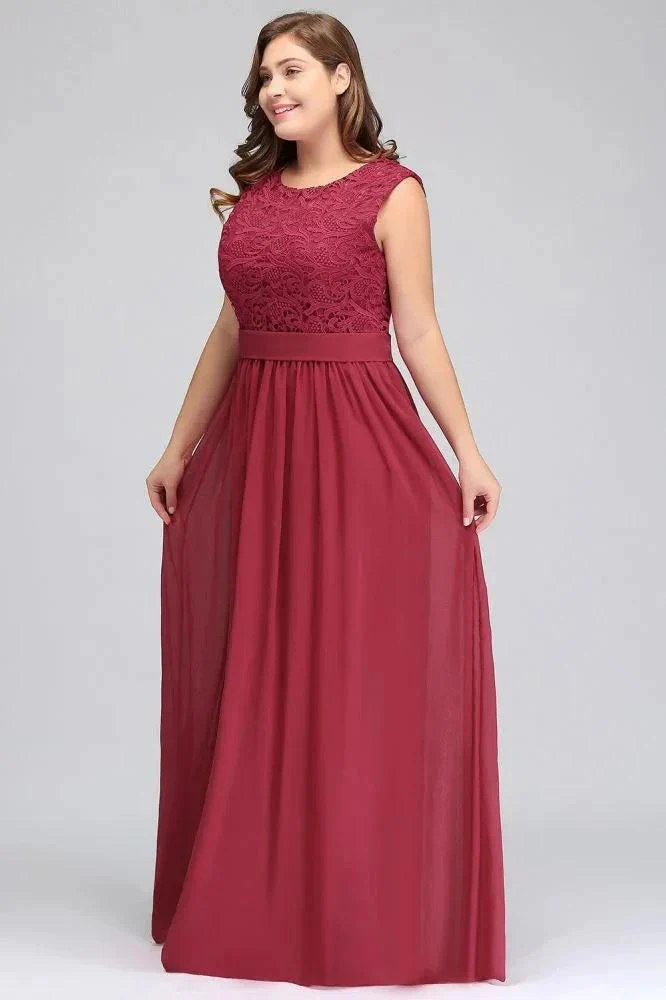 A-Line Crew Long Plus size Sleeveless Lace Chiffon Evening Dresses with Sash - Image 7