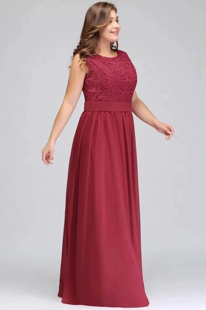 A-Line Crew Long Plus size Sleeveless Lace Chiffon Evening Dresses with Sash - Image 8