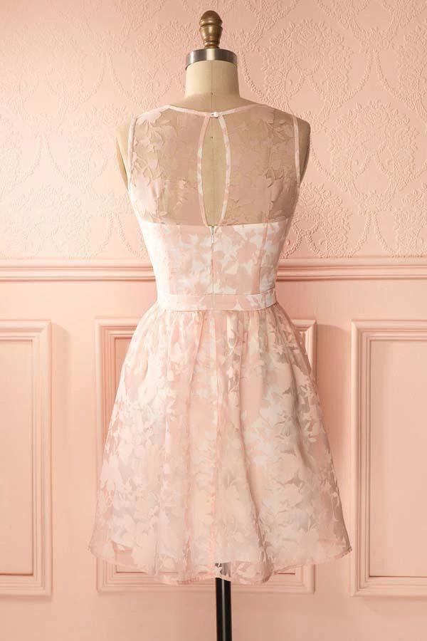 A-Line Crew Open Back Short Pearl Pink Lace Homecoming Dress PD145 - Image 2