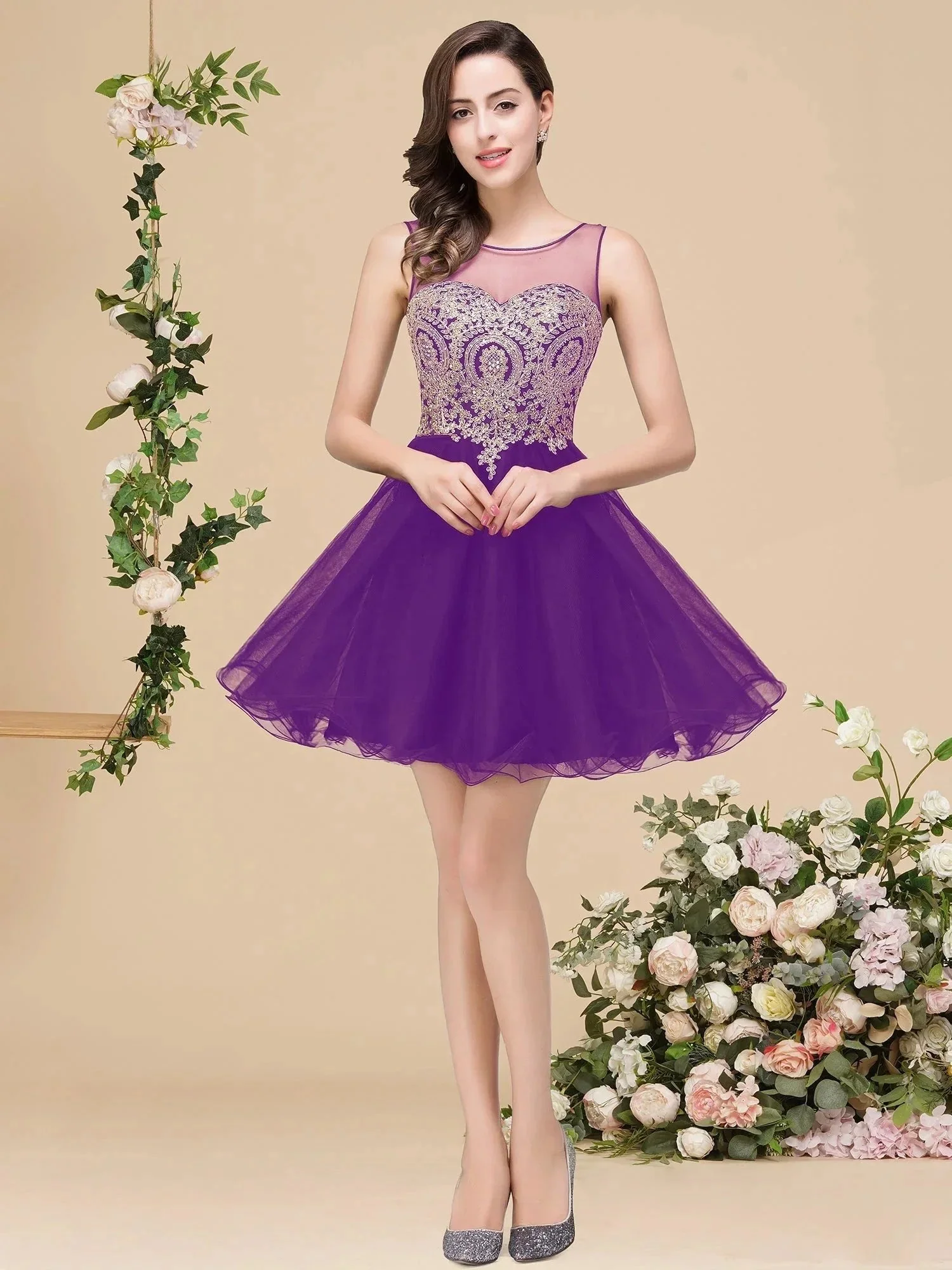 A-line Crew Short Sleeveless Appliques Prom Dresses - Image 7