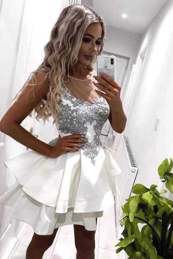 A-Line Crew Short Tiered White Homecoming Dress with Appliques PD071 - Image 2