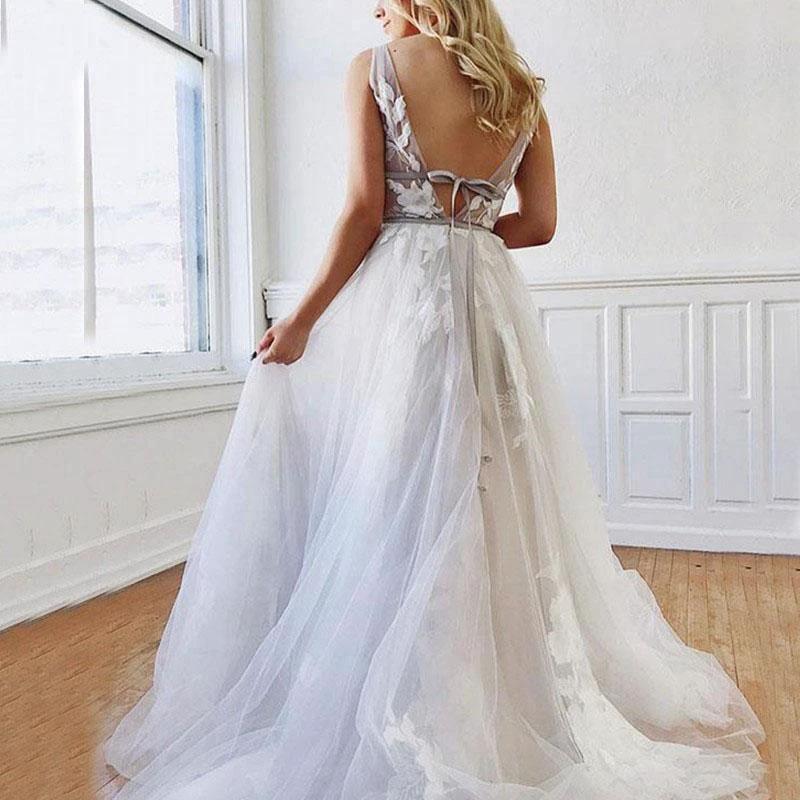 A Line Deep V-Neck Backless White Wedding Dress With Appliques  WD446 - Image 2
