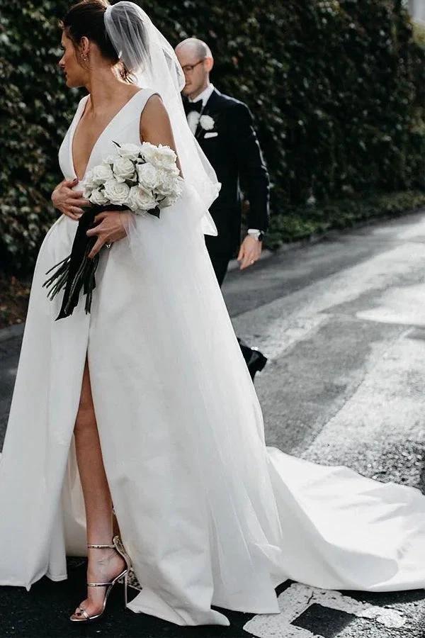 A Line Deep V Neck Open Back White Long Wedding Dresses Bridal Gown WD641 - Image 2