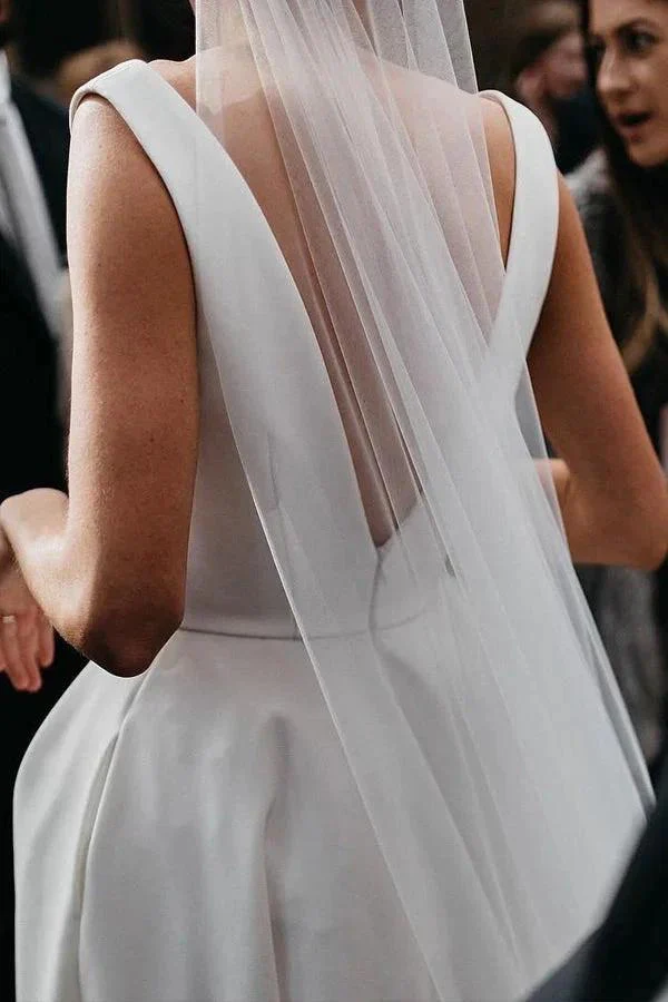 A Line Deep V Neck Open Back White Long Wedding Dresses Bridal Gown WD641 - Image 3